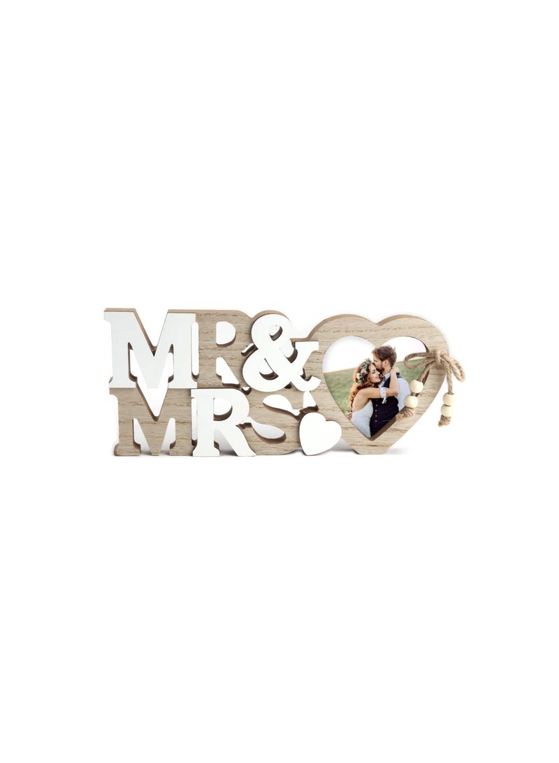 KASTWAVE Mr & Mrs Heart Photo Frame, Personalised Wooden Photo Frames Couple Romantic Frames, Wedding Decorations Gifts for Bride and Groom Tabletop Picture Display Newlywed Anniversary  - Image 1
