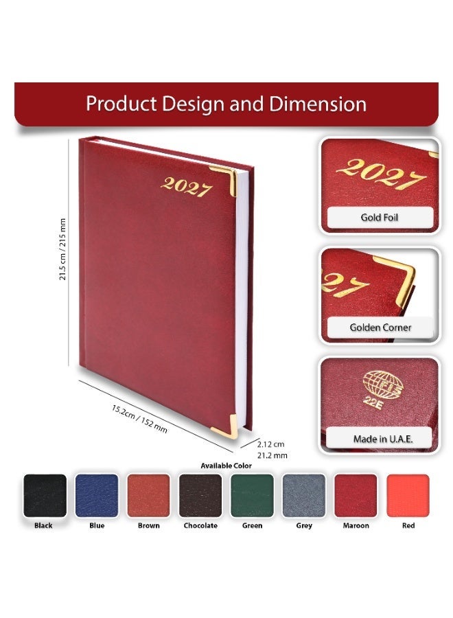 FIS 2027 Diary, A5 Size Diary(148x210mm), Hard Cover Vinyl Materials, 1 Side Padded, Golden Corners, English, 60 gsm White Paper, Maroon Color-FSDI22E27MR - Image 5