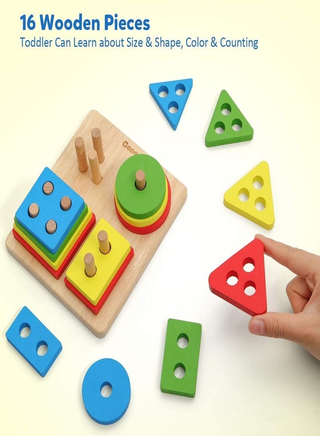 YUQORY Wooden Sorting & Stacking Toy, Shape Colour Recognition, Geometric Blocks, Matching Puzzle with Lacing, Educational Preschool Learning Board Game Gift for Toddlers - Image 3