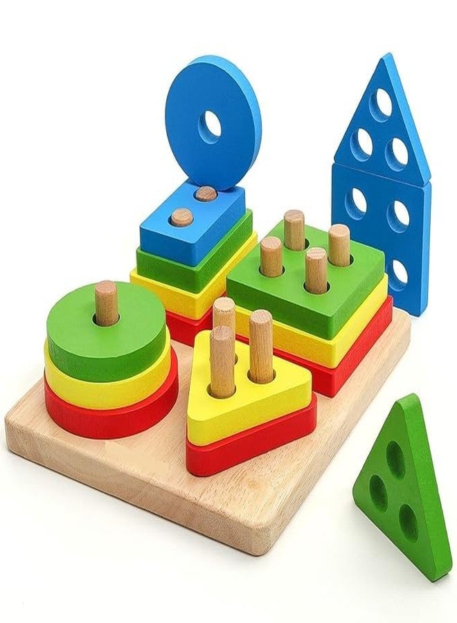 YUQORY Wooden Sorting & Stacking Toy, Shape Colour Recognition, Geometric Blocks, Matching Puzzle with Lacing, Educational Preschool Learning Board Game Gift for Toddlers - Image 1