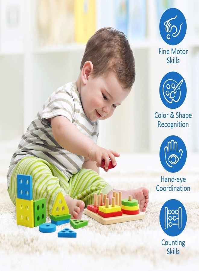 YUQORY Wooden Sorting & Stacking Toy, Shape Colour Recognition, Geometric Blocks, Matching Puzzle with Lacing, Educational Preschool Learning Board Game Gift for Toddlers - Image 5