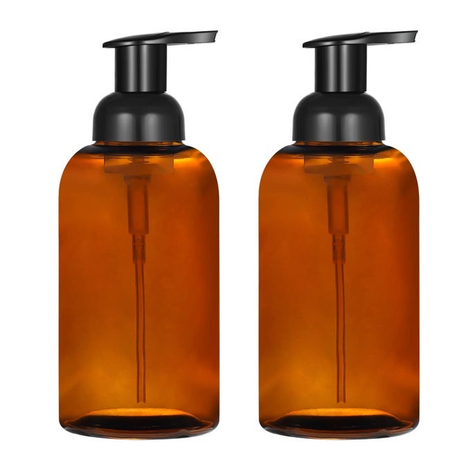 2 PACK AMBER GLASS JAR SOAP DISPENSER WITH FOAMING PUMP 13 OUNCE AMBER ROUND BOTTLES DISPENSER WITH FOAMING PUMP