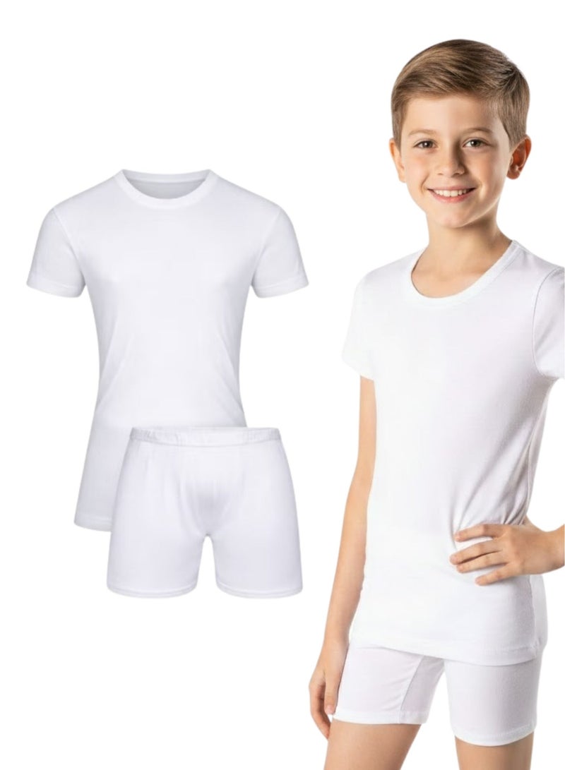 DROSH V Boys White Cotton Undershirt and Shorts Set – Soft Breathable Innerwear Set for Kids Ages 1 to 16 - Image 1