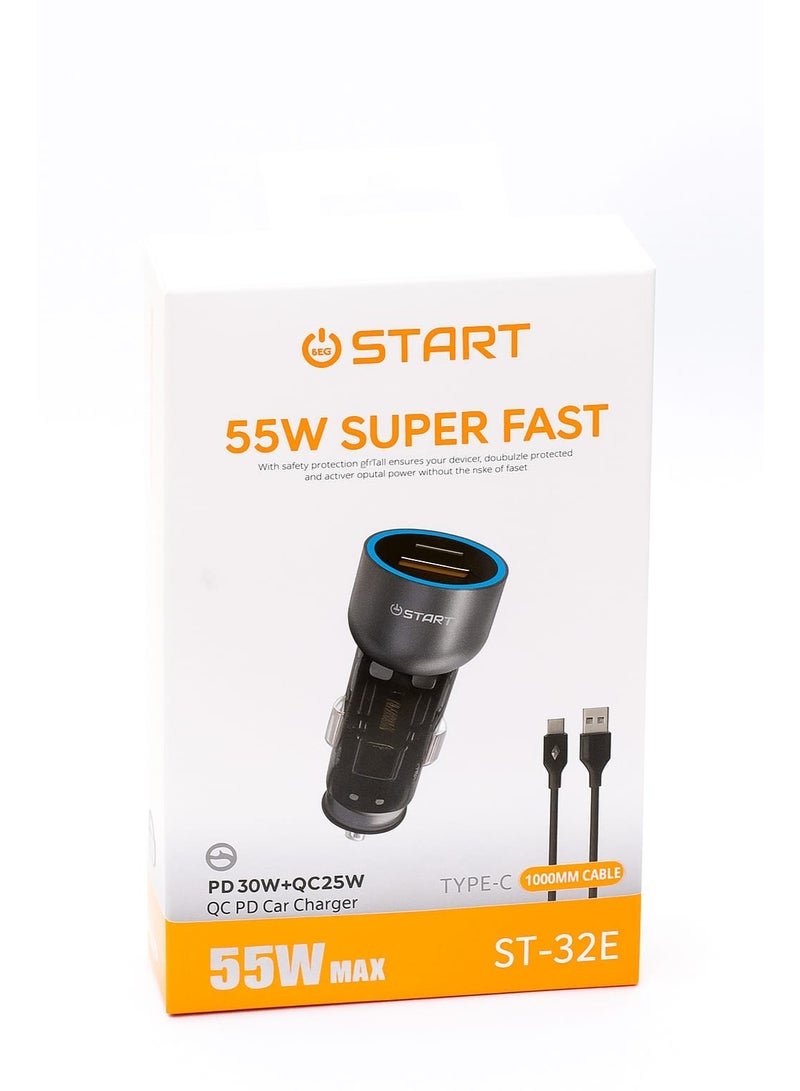 START 55W Super Fast Car Charger ST-32E with PD30W + QC25W and 1m Type-C Cable
