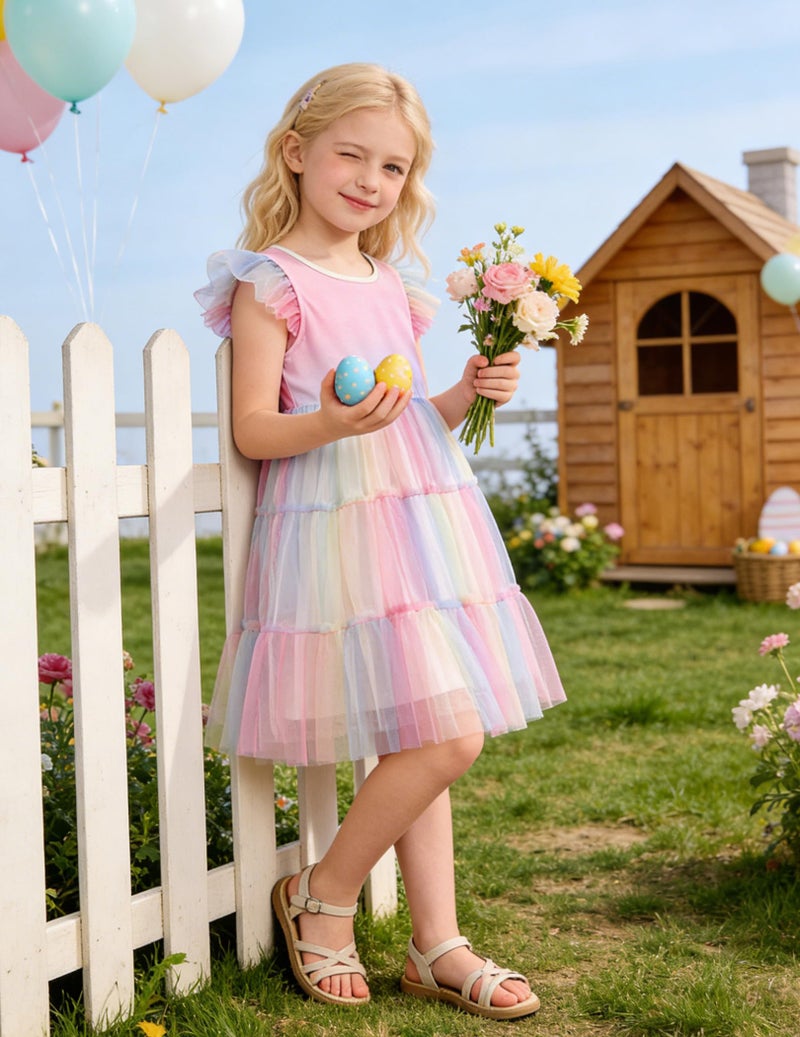 Arshiner Toddler Tulle Dress Girls Rainbow Tutu Dresses Ruffle Tiered Swing Twirly Summer Sundress 4T - Image 3