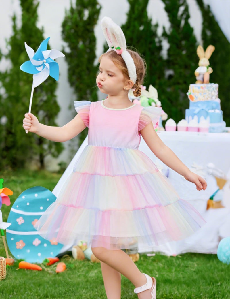 Arshiner Toddler Tulle Dress Girls Rainbow Tutu Dresses Ruffle Tiered Swing Twirly Summer Sundress 4T - Image 2