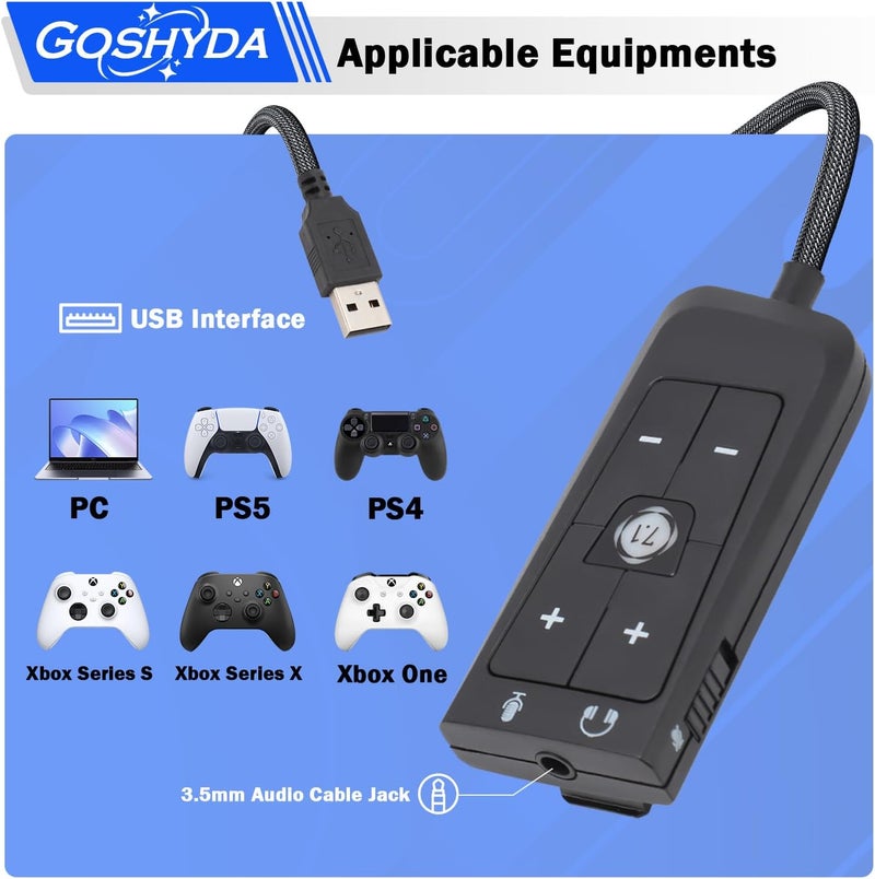 Goshyda USB to 3.5mm Jack Audio Sound Card Adapter for Kingston HyperX Cloud II, Gaming Headset 7.1 Channel USB Sound Card for PS5, for Xbox Series X S, 6bw9kroxg2 - Image 3