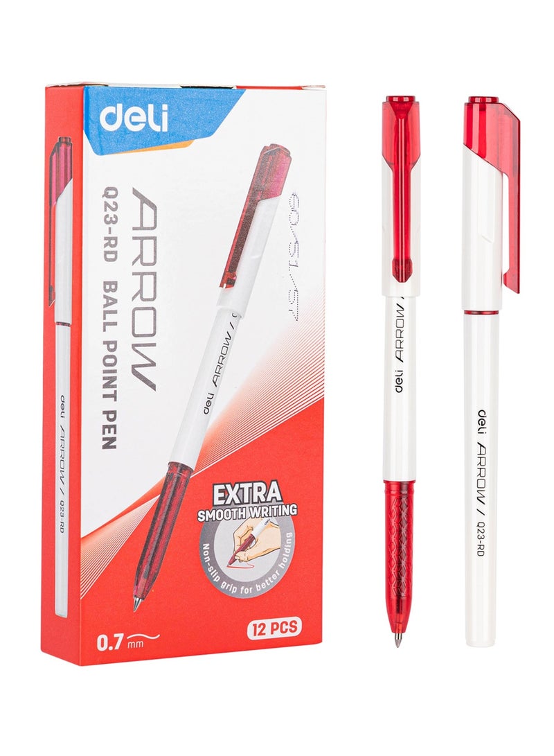 Deli 12-Piece Arrow Ballpoint Pen 0.7mm Tip Red Ink - Image 1