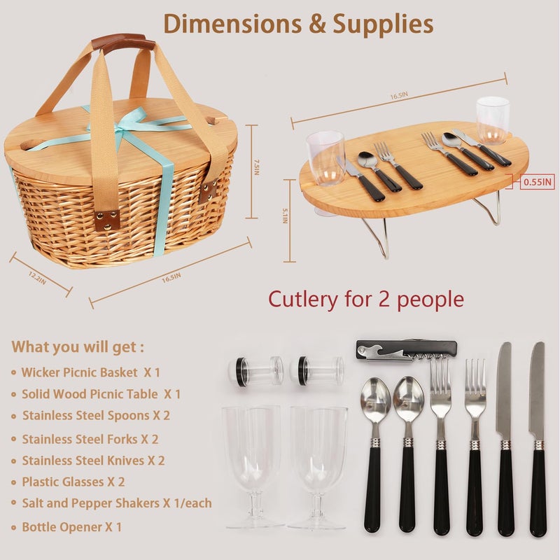 Hap Tim Wicker Picnic Basket Set for 2 with Mini Folding Wine Picnic Table & Large Insulated Cooler Bag & Cutlery Service Kits for 2 Person, Couples Gifts, Wedding Gifts (Y2209-2-CM) - Image 5