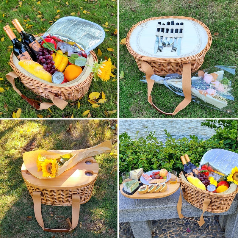Hap Tim Wicker Picnic Basket Set for 2 with Mini Folding Wine Picnic Table & Large Insulated Cooler Bag & Cutlery Service Kits for 2 Person, Couples Gifts, Wedding Gifts (Y2209-2-CM) - Image 3