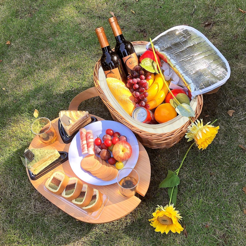 Hap Tim Wicker Picnic Basket Set for 2 with Mini Folding Wine Picnic Table & Large Insulated Cooler Bag & Cutlery Service Kits for 2 Person, Couples Gifts, Wedding Gifts (Y2209-2-CM) - Image 2
