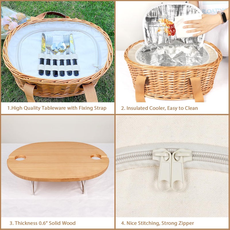 Hap Tim Wicker Picnic Basket Set for 2 with Mini Folding Wine Picnic Table & Large Insulated Cooler Bag & Cutlery Service Kits for 2 Person, Couples Gifts, Wedding Gifts (Y2209-2-CM) - Image 4