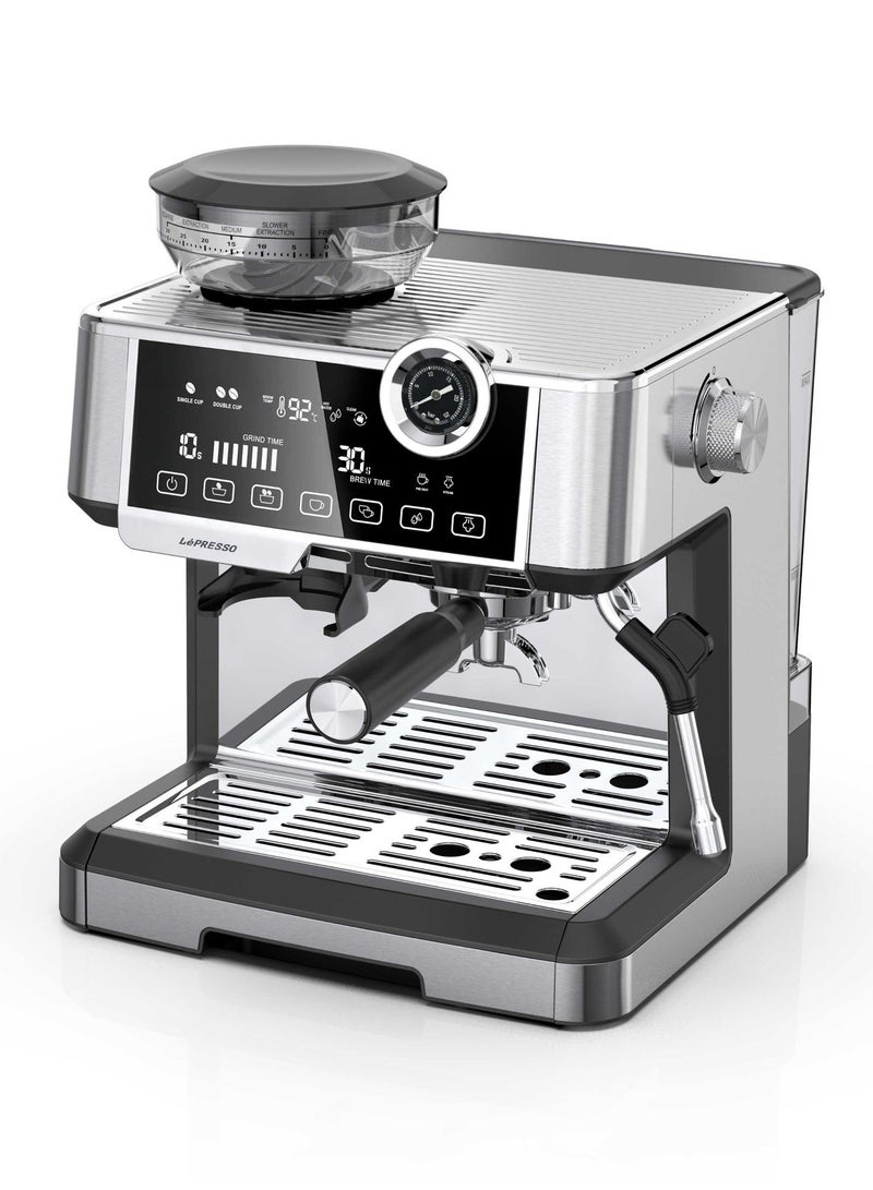 LePRESSO Espresso Coffee Machine, 19 Bar Pump Pressure, Coffee Maker with Milk Frother Nozzle, 19 Bar Coffee Machine with Adjustable Grinder, Pressure Gauge, Cup Warmer Function - Image 1