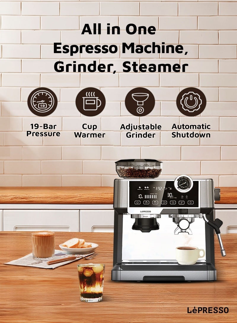 LePRESSO Espresso Coffee Machine, 19 Bar Pump Pressure, Coffee Maker with Milk Frother Nozzle, 19 Bar Coffee Machine with Adjustable Grinder, Pressure Gauge, Cup Warmer Function - Image 2