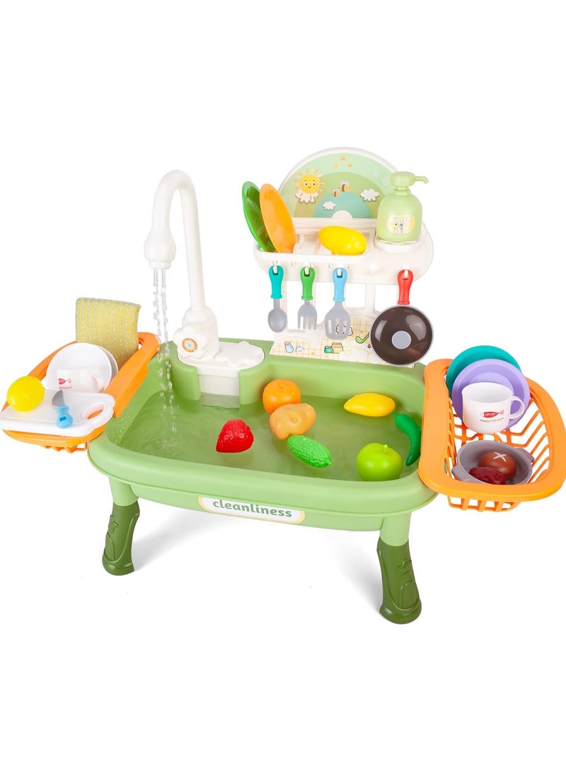 مغسلة مطبخ للأطفال مع ماء جارٍ، لعبة تمثيلية من ٣٤ قطعة مع نظام دورة مياه آلية، لعبة مطبخ للأولاد والبنات والأطفال الصغار - Image 1