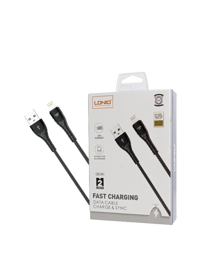 لدنيو كابل ايفون شحن سريع ونقل بيانات LDNIO LS512K بقوة 30 واط وطول 2 متر – منفذ Lightning - Image 1