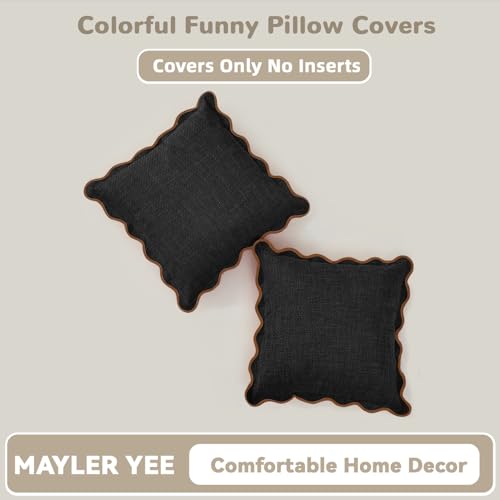Mayler Yee Scalloped Pillow Covers Set of 2 for Living Room Decorative Sofa Couch Pillows Boho Sytle Decorative Home Aesthetic Funky Preppy Pillow Cases Black Brown 18x18 Inch - Image 3
