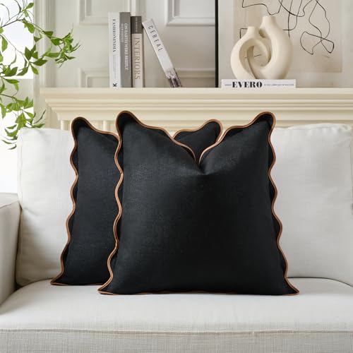 Mayler Yee Scalloped Pillow Covers Set of 2 for Living Room Decorative Sofa Couch Pillows Boho Sytle Decorative Home Aesthetic Funky Preppy Pillow Cases Black Brown 18x18 Inch - Image 1