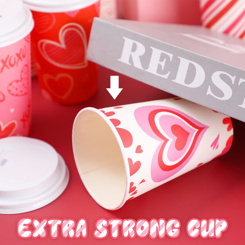 Funtery 60 Set Valentine's Day Disposable Cups with Lids 12 oz Galentine Pink Paper Beverage Cups Hearts Hot Chocolate Cocoa Hot Tea Container Coffee Bar Essentials for Valentine's Day Party Supplies - Image 4