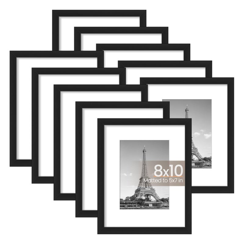 upsimples upsimples 8x10 Picture Frame Set of 10 Display Pictures 5x7 with Mat or 8x10 Without Multi Photo Frames Collage for Wall or Tabletop Display Black