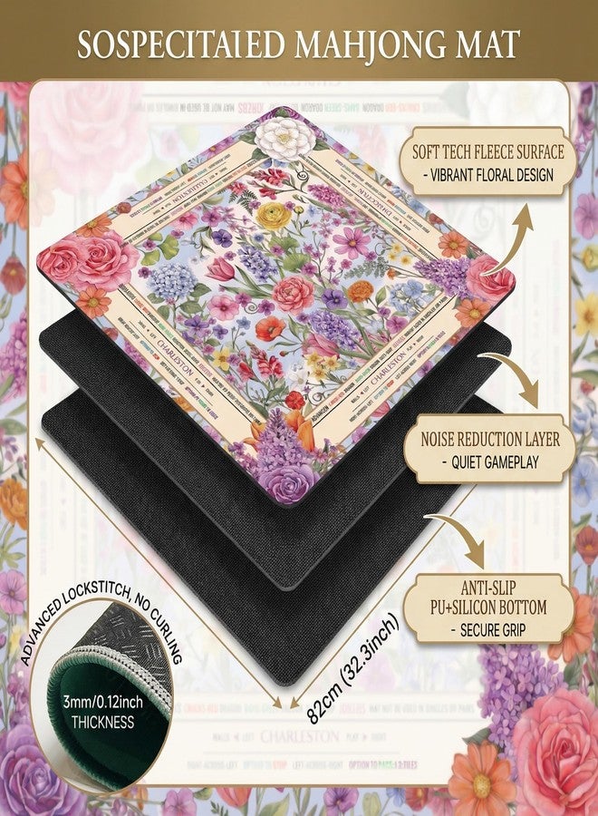 oiikain Mahjong Mat for Table - 32.3 Inch Waterproof & Non-Slip PU Velvet Surface, Lightweight No Crease No Odor Design for Noise Reduction,Includes Printed Rules (Flowers) - Image 2
