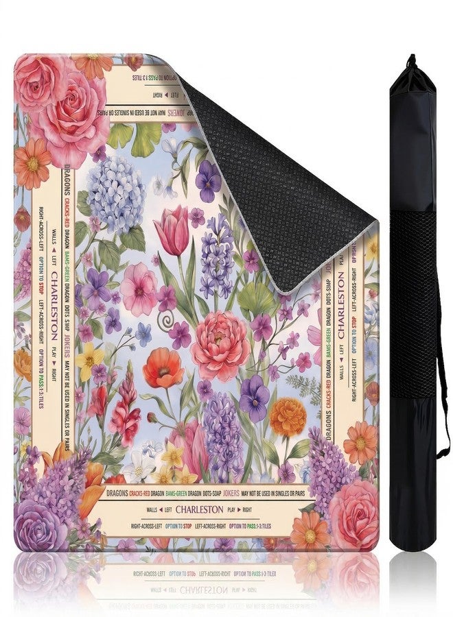 oiikain Mahjong Mat for Table - 32.3 Inch Waterproof & Non-Slip PU Velvet Surface, Lightweight No Crease No Odor Design for Noise Reduction,Includes Printed Rules (Flowers) - Image 1