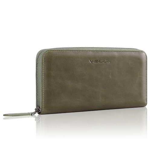 VISOUL Leather Long Zipper Pouch Wallet for Men and Women with RFID Blocking, Large Clutch Cash Long Wallet with Zipper (Olive Green) - Image 1