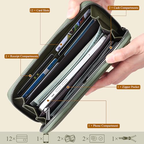 VISOUL Leather Long Zipper Pouch Wallet for Men and Women with RFID Blocking, Large Clutch Cash Long Wallet with Zipper (Olive Green) - Image 2