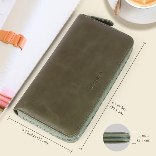 VISOUL Leather Long Zipper Pouch Wallet for Men and Women with RFID Blocking, Large Clutch Cash Long Wallet with Zipper (Olive Green) - Image 3