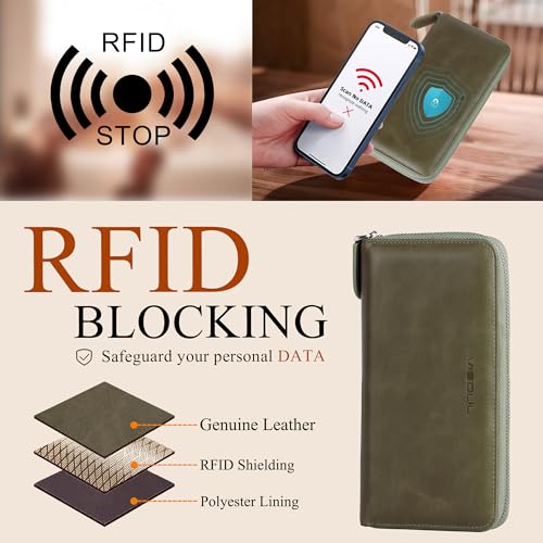 VISOUL Leather Long Zipper Pouch Wallet for Men and Women with RFID Blocking, Large Clutch Cash Long Wallet with Zipper (Olive Green) - Image 4