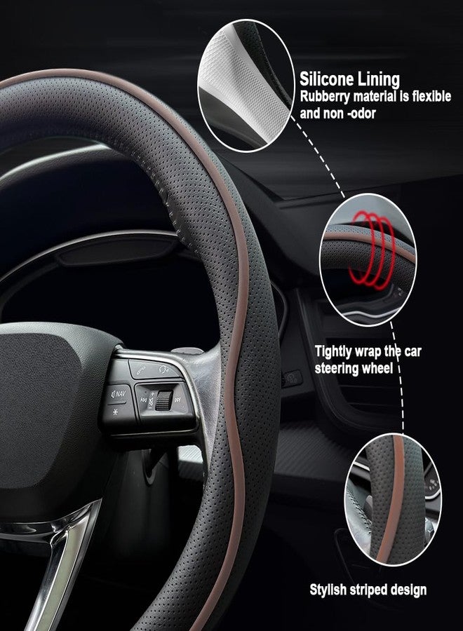 HAOTULE Leather Steering Wheel Cover， with Anti-Slip Stripe Design - Enhanced Grip, Fashion Style, Safe, Non-Slip, Breathable. Upgrade car Interior（Black Brown） - Image 4