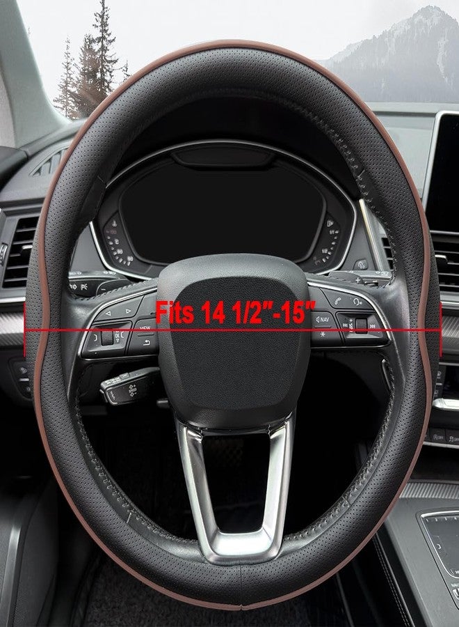 HAOTULE Leather Steering Wheel Cover， with Anti-Slip Stripe Design - Enhanced Grip, Fashion Style, Safe, Non-Slip, Breathable. Upgrade car Interior（Black Brown） - Image 2