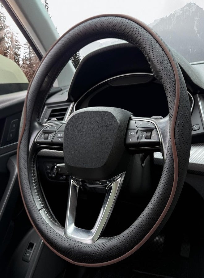 HAOTULE Leather Steering Wheel Cover， with Anti-Slip Stripe Design - Enhanced Grip, Fashion Style, Safe, Non-Slip, Breathable. Upgrade car Interior（Black Brown） - Image 3