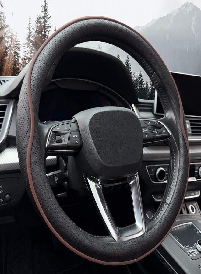 HAOTULE Leather Steering Wheel Cover， with Anti-Slip Stripe Design - Enhanced Grip, Fashion Style, Safe, Non-Slip, Breathable. Upgrade car Interior（Black Brown） - Image 1