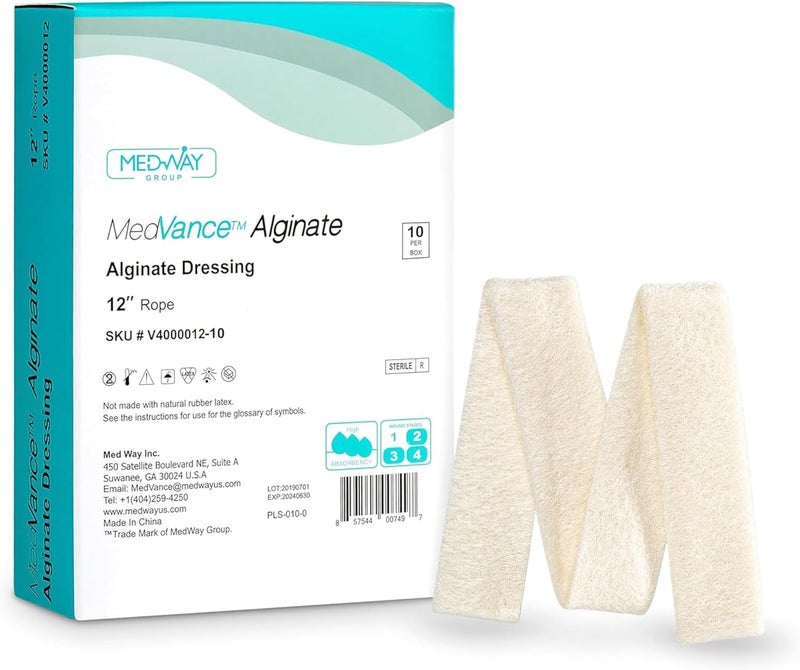 Medvance Absorbent Calcium Alginate Wound Dressing  Waterproof Non Stick Pad wFast Hydrophilic Gelling  Easy Apply  Remove Sterile Pads  Wound Care wFlat Pad  Rope 4x12 Box of 10 - Image 1