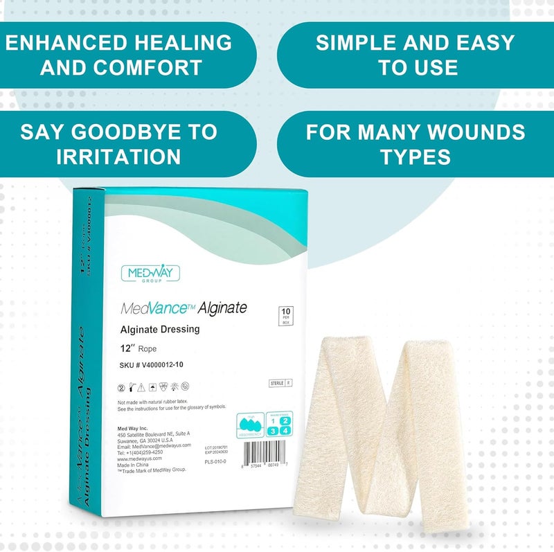 Medvance Absorbent Calcium Alginate Wound Dressing  Waterproof Non Stick Pad wFast Hydrophilic Gelling  Easy Apply  Remove Sterile Pads  Wound Care wFlat Pad  Rope 4x12 Box of 10 - Image 2
