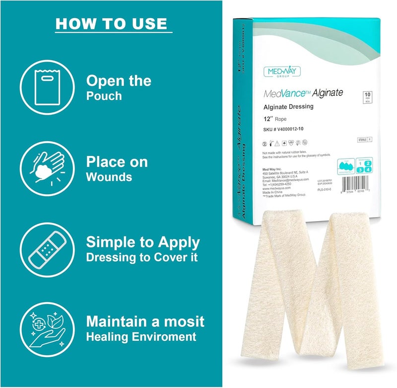 Medvance Absorbent Calcium Alginate Wound Dressing  Waterproof Non Stick Pad wFast Hydrophilic Gelling  Easy Apply  Remove Sterile Pads  Wound Care wFlat Pad  Rope 4x12 Box of 10 - Image 5