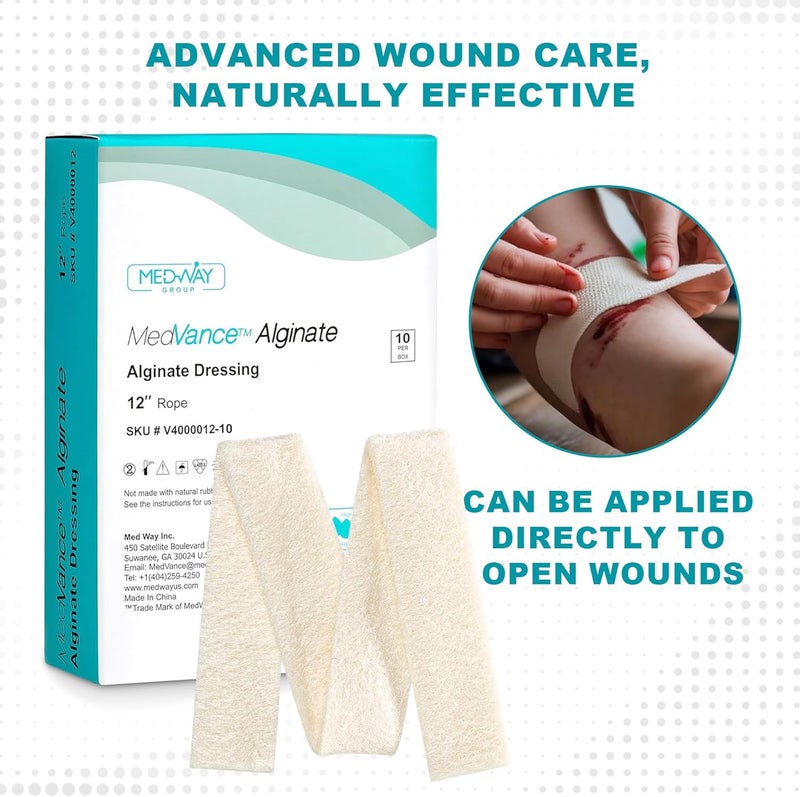Medvance Absorbent Calcium Alginate Wound Dressing  Waterproof Non Stick Pad wFast Hydrophilic Gelling  Easy Apply  Remove Sterile Pads  Wound Care wFlat Pad  Rope 4x12 Box of 10 - Image 4