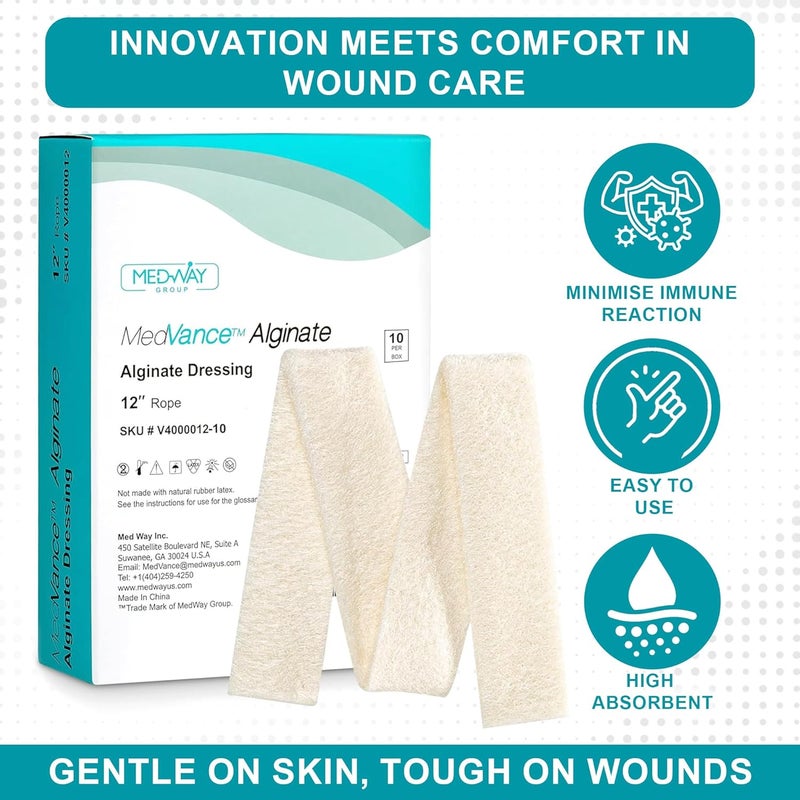 Medvance Absorbent Calcium Alginate Wound Dressing  Waterproof Non Stick Pad wFast Hydrophilic Gelling  Easy Apply  Remove Sterile Pads  Wound Care wFlat Pad  Rope 4x12 Box of 10 - Image 3