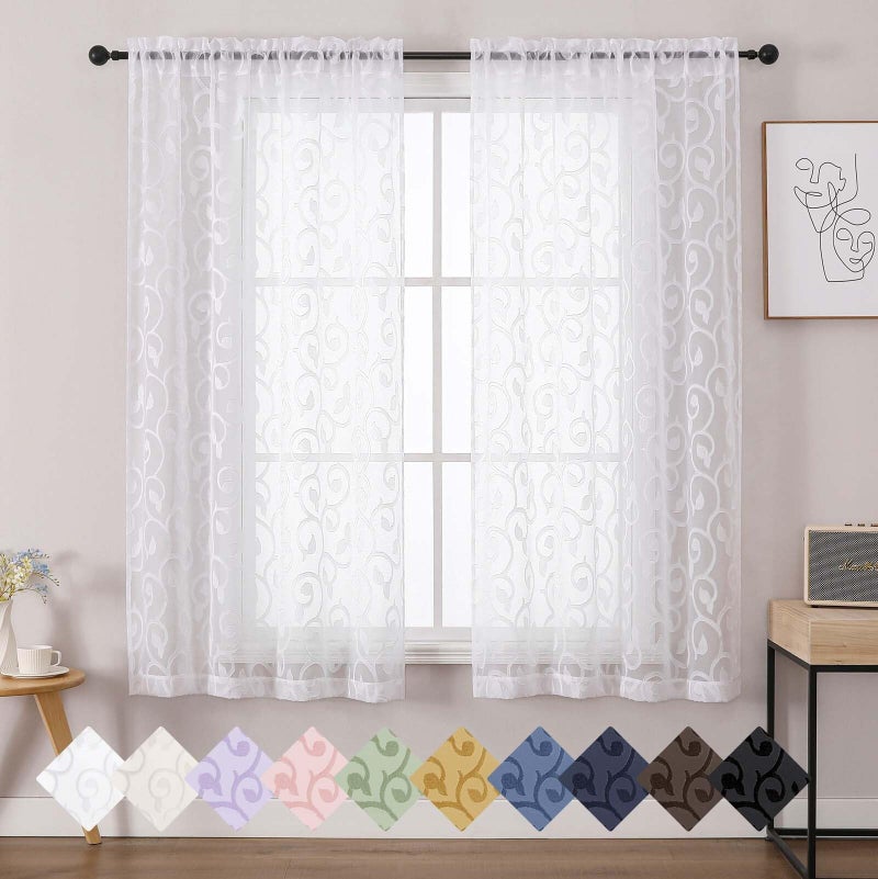 WelvetBLK Sheer White Curtains for Bedroom Living Room 63 Inch Length 2 Panels Set, Soft Airy Light Filtering Geometric Jacquard Clip Curtains Drapes, Modern Rod Pocket, White, 2Pcs 42" Wx63 L Inch - Image 1