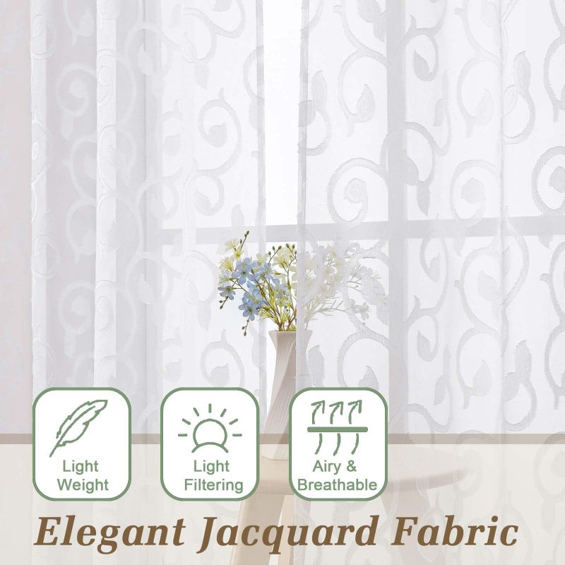 WelvetBLK Sheer White Curtains for Bedroom Living Room 63 Inch Length 2 Panels Set, Soft Airy Light Filtering Geometric Jacquard Clip Curtains Drapes, Modern Rod Pocket, White, 2Pcs 42" Wx63 L Inch - Image 2