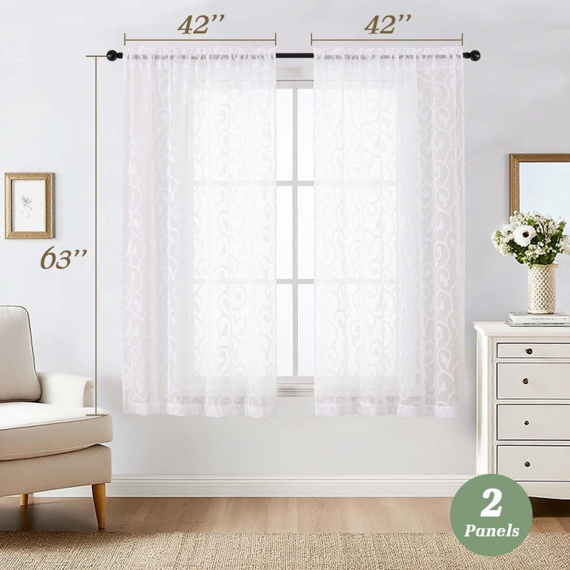 WelvetBLK Sheer White Curtains for Bedroom Living Room 63 Inch Length 2 Panels Set, Soft Airy Light Filtering Geometric Jacquard Clip Curtains Drapes, Modern Rod Pocket, White, 2Pcs 42" Wx63 L Inch - Image 5