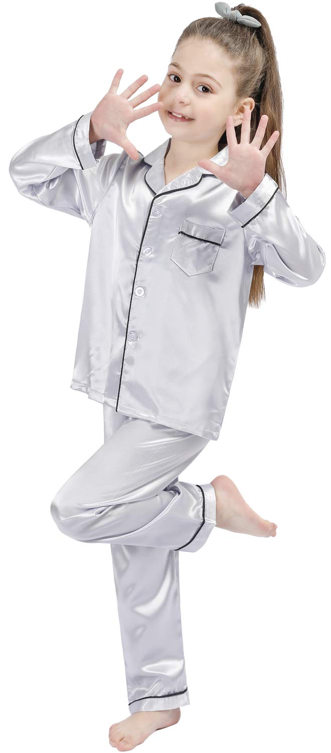 OEIU Children Kid Silky Satin Pajamas Set for Girls Boys pj Set Sleepwear Button-up Lounge Sets Nightwear Silver 160 - Image 2