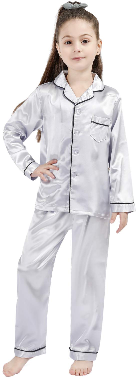 OEIU Children Kid Silky Satin Pajamas Set for Girls Boys pj Set Sleepwear Button-up Lounge Sets Nightwear Silver 160 - Image 4