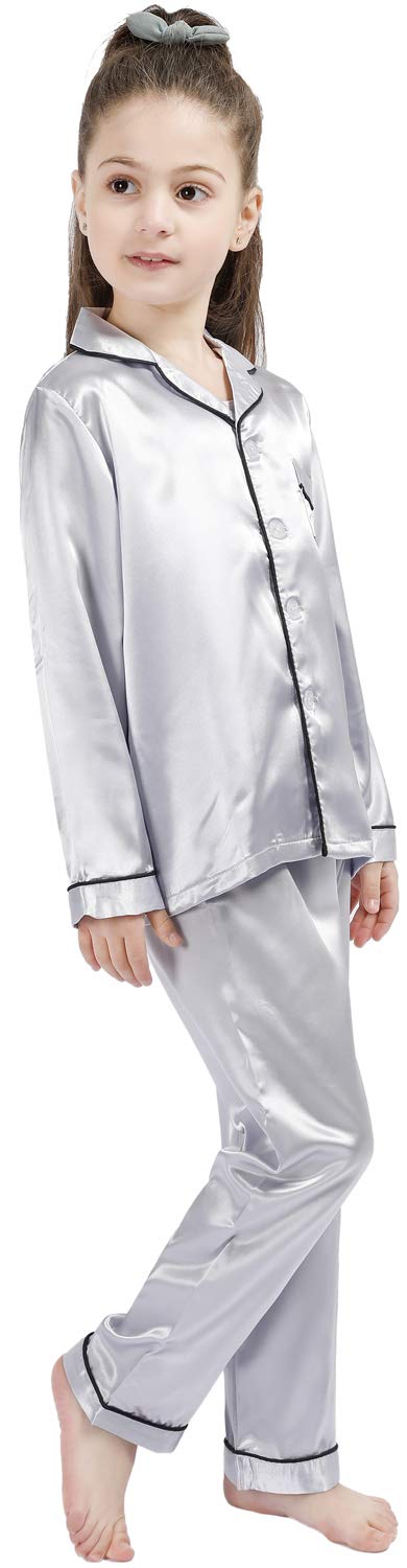 OEIU Children Kid Silky Satin Pajamas Set for Girls Boys pj Set Sleepwear Button-up Lounge Sets Nightwear Silver 160 - Image 5