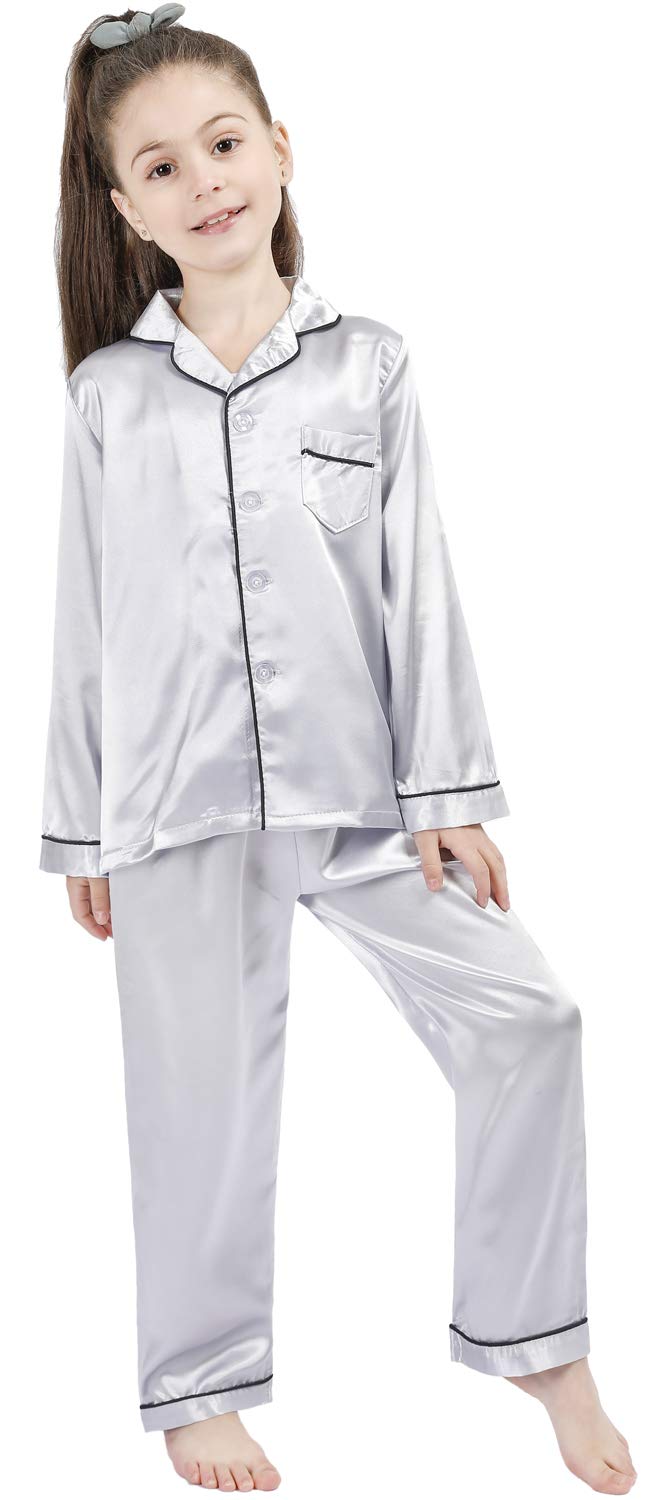 OEIU Children Kid Silky Satin Pajamas Set for Girls Boys pj Set Sleepwear Button-up Lounge Sets Nightwear Silver 160 - Image 3