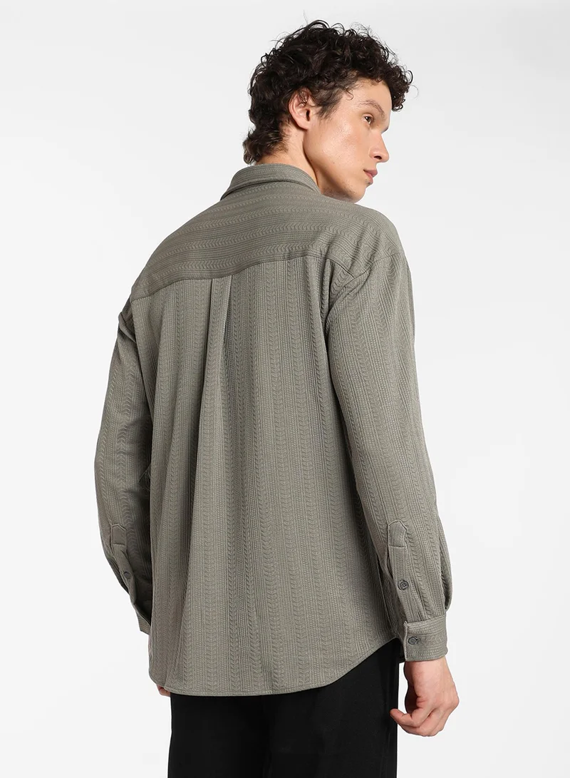 CAHOOT  Men's Ash Grey Stripe-Textured Shirt For Casual Wear | Spread Collar | Long Sleeve | Button Closure | Shirt Crafted With Comfort Fit For Everyday Wear for Men | Best Price UAE