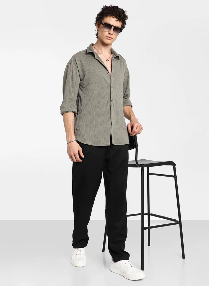 CAHOOT  Men's Ash Grey Stripe-Textured Shirt For Casual Wear | Spread Collar | Long Sleeve | Button Closure | Shirt Crafted With Comfort Fit For Everyday Wear for Men | Best Price UAE
