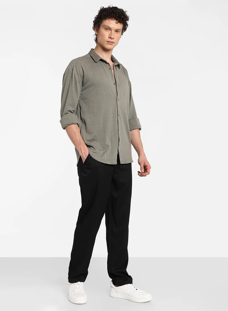 CAHOOT  Men's Ash Grey Stripe-Textured Shirt For Casual Wear | Spread Collar | Long Sleeve | Button Closure | Shirt Crafted With Comfort Fit For Everyday Wear for Men | Best Price UAE