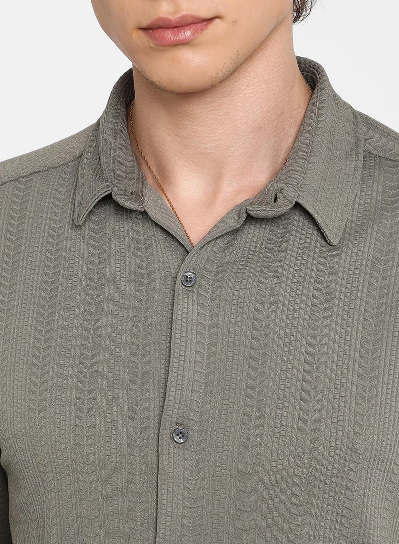 CAHOOT  Men's Ash Grey Stripe-Textured Shirt For Casual Wear | Spread Collar | Long Sleeve | Button Closure | Shirt Crafted With Comfort Fit For Everyday Wear for Men | Best Price UAE